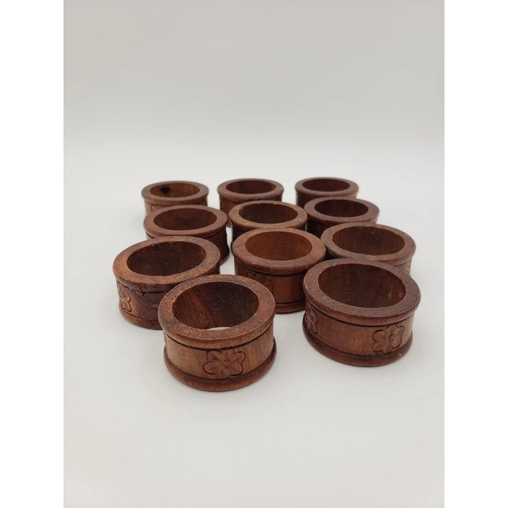 Vintage Wooden Napkin Rings‎ With Carved Floral Motif Lot Of 11 Made In India